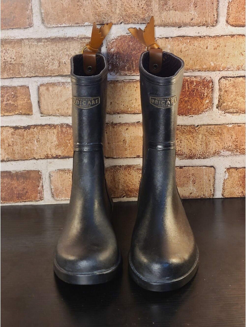 Unicare Handmade Rubber Rain Boots Womens Sz 8 Black Mid Calf Tassle Equestrian